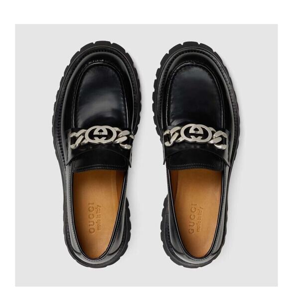 Gucci Interlocking G Chain 10/ US 10.5 Loafers Black Leather Lug Sole Shoes NIB - Picture 4 of 16